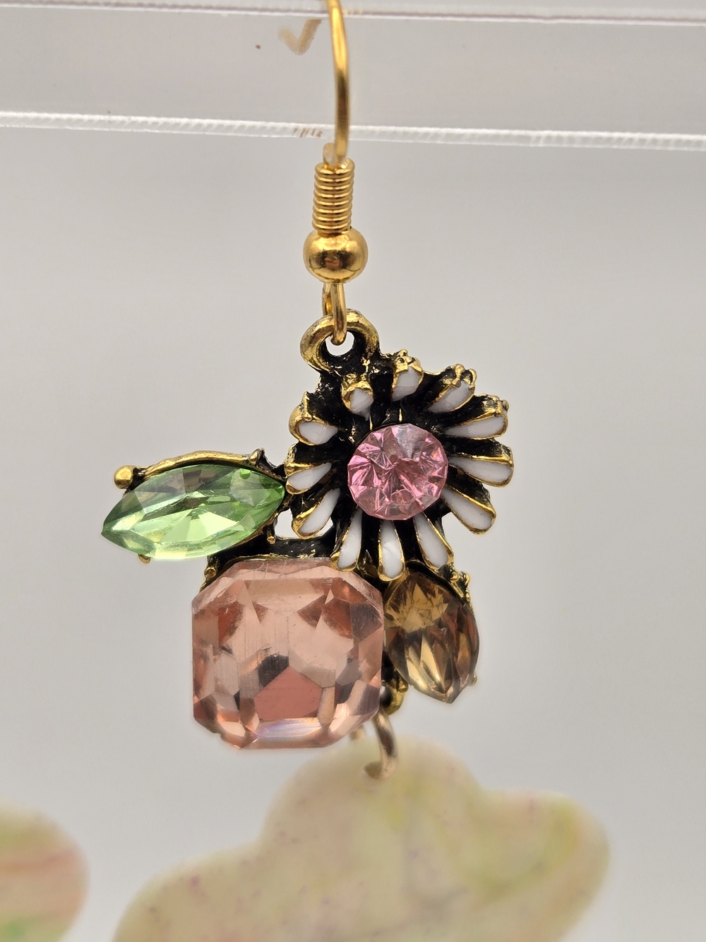 #B452- Pink Floral Statement Drop Earrings with Green and Gold Accents - Picture 3 of 4